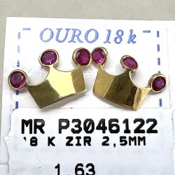 Brinco Ouro 18K Coroa Com 3 Zircônias Vermelhas