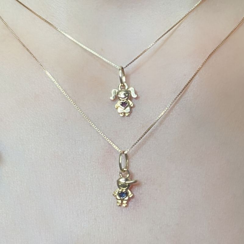 Pingente Ouro 18K Menino Menina Coração Zircônia Rosa Ou Azul