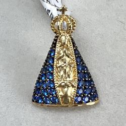 Pingente Ouro 18K Nossa Senhora Com Zircônia Azul No Manto