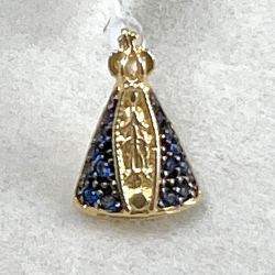 Pingente Ouro 18K Nossa Senhora Aparecida Com Zircônia Azul No Manto