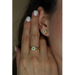 ANEL OURO 18K FLOR COM ZIRCONIAS VERDE E BRANCA