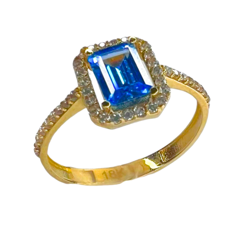 Anel Ouro 18K Com Zirconias Azul e Brancas