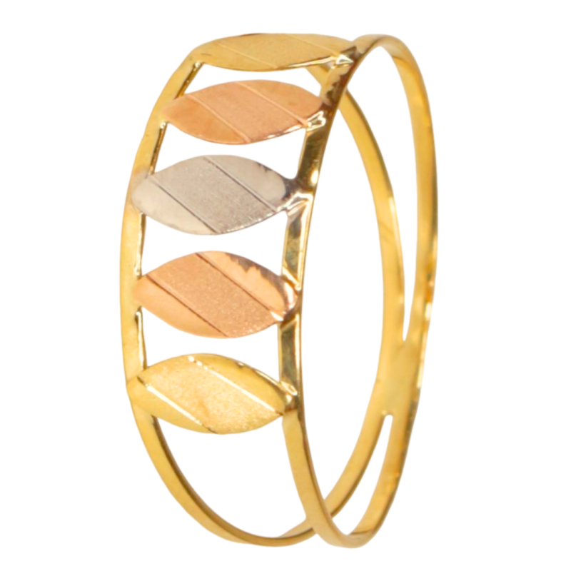 Anel Ouro 18K Tricolor Cinco Folhas Listras