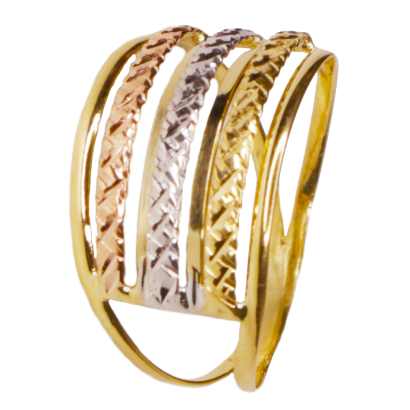 Anel Ouro 18K Tricolor Seis Risco Duplo Aro