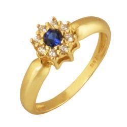 Anel Ouro 18K Zircônia Azul No Meio E Branca Em Volta Flor