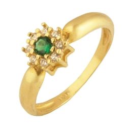 Anel Ouro 18K Flor Com Zircônia Verde No Meio