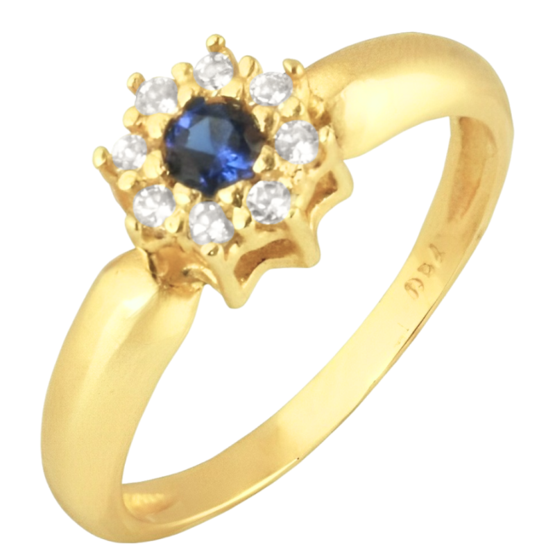 Anel Ouro 18K Zircônia Azul No Meio E Branca Em Volta Flor