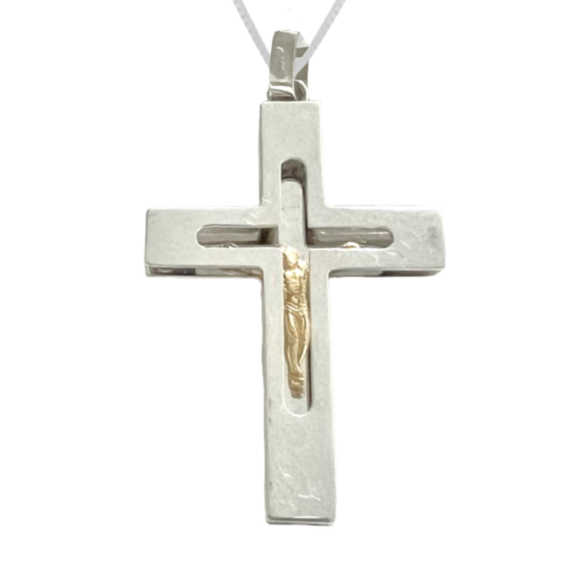 Pingente Ouro Branco 18K Cruz Com Cristo Em Ouro Amarelo