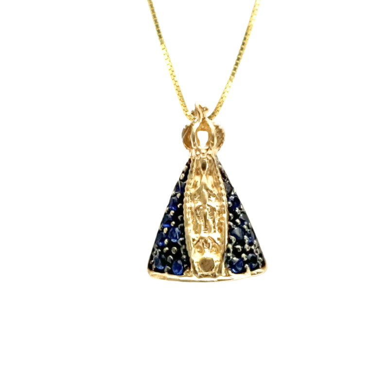 Pingente Ouro 18K Nossa Senhora Aparecida Com Zircônia Azul No Manto