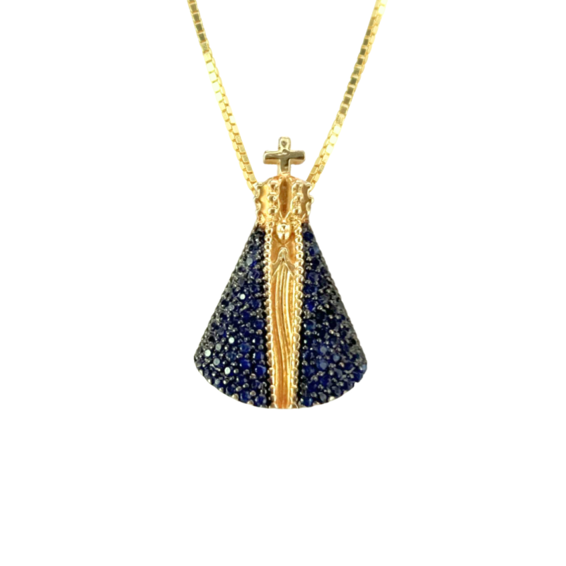 Pingente Ouro 18K Nossa Senhora Com Zircônia Azul