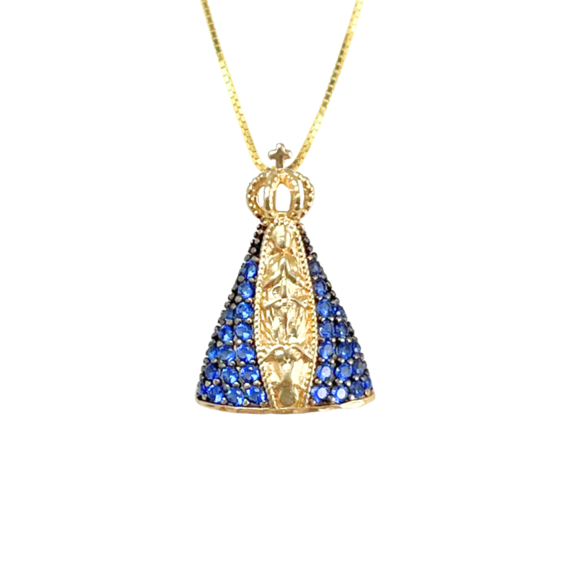 Pingente Ouro 18K Nossa Senhora Com Zircônia Azul No Manto